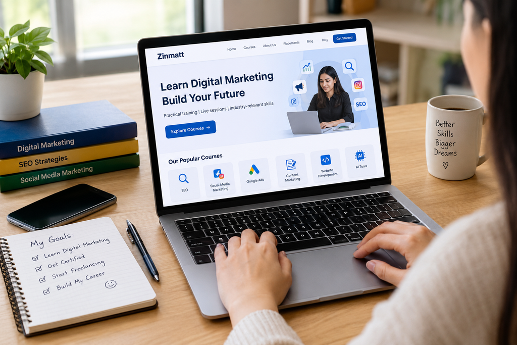 Students learning digital marketing online with a laptop and marketing analytics dashboard